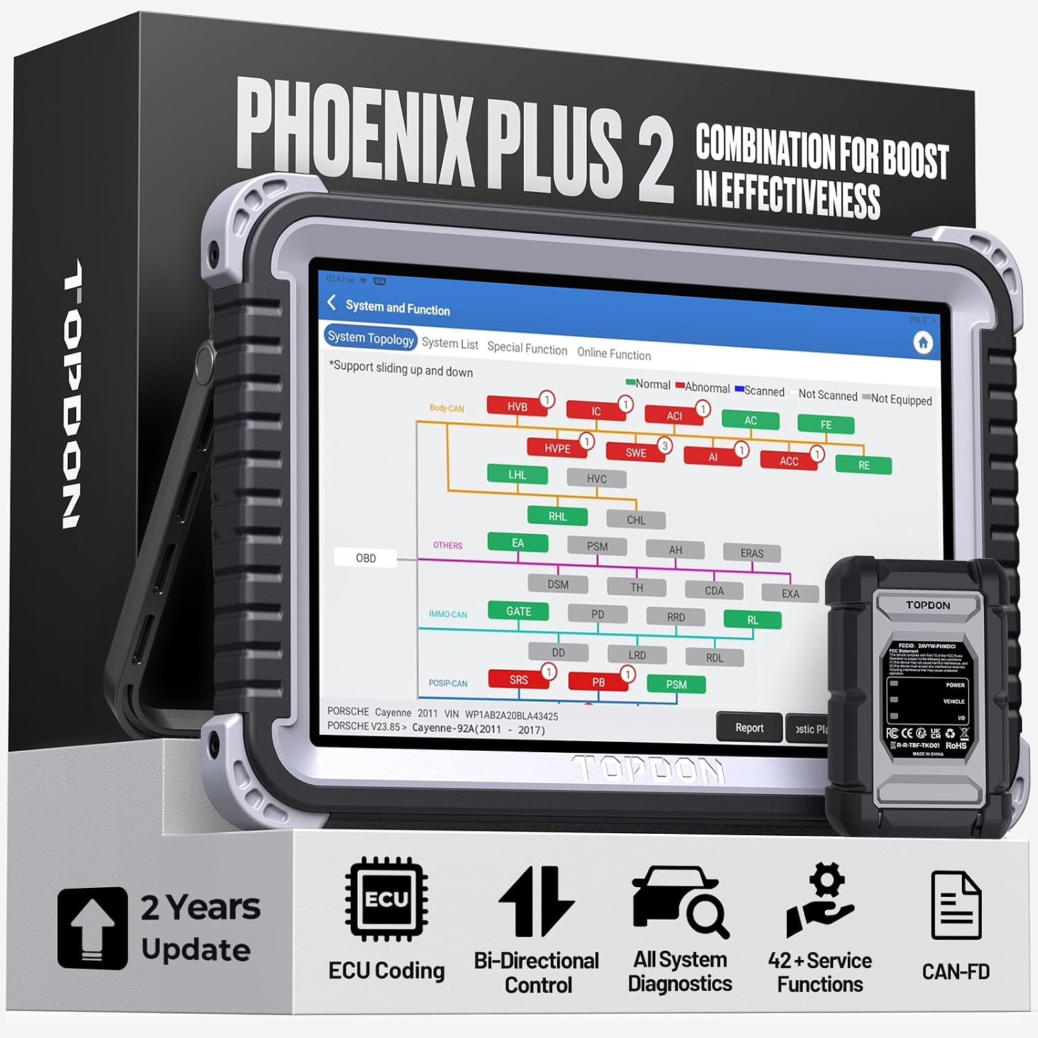 TOPDON Phoenix Plus 2, OE-Level TOPDON Scanner, Advanced Online ECU Coding & Configuration Flashing, Bidirectional Scan Tool with Topology Map, CANFD, 42+ Services, FCA AutoAuth, 2 Years Free Update