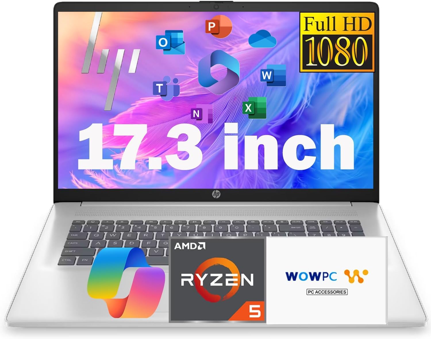 HP 17.3 Inch FHD Business Laptop with MS Office for The Web, AMD Ryzen 5 7430U (Beats Core i7-1355U), 32GB RAM, 1.5TB Storage(1TB SSD + 500GB External Drive), Windows 11, WOWPC 3-in-1, No Mouse