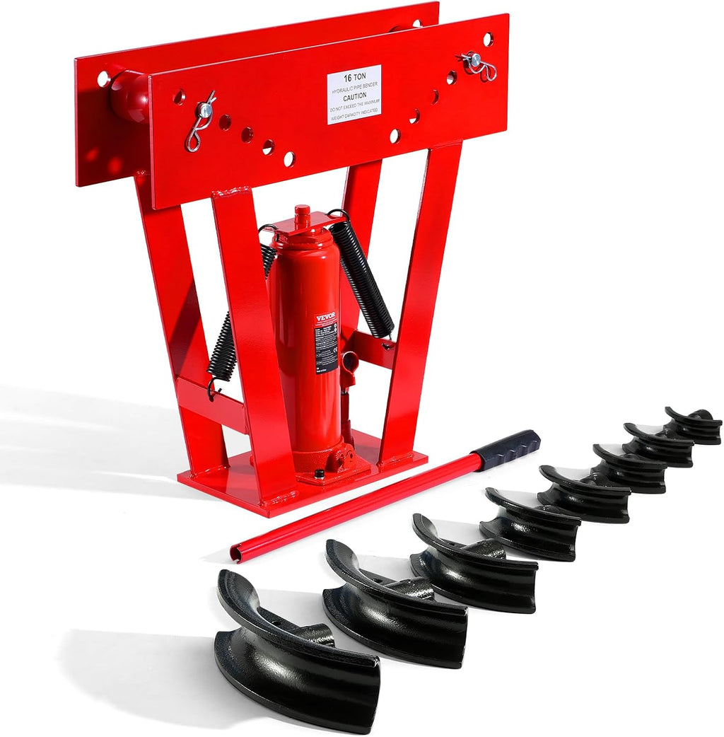 VEVOR Hydraulic Pipe Bender, 16 Ton Manual Copper Exhaust Pipe Bending Machine with 8 Dies (1/2' - 3') and 90-180° Adjustable Rollers, Heavy-Duty Pipe Tube Bender for Piping Railing Construction