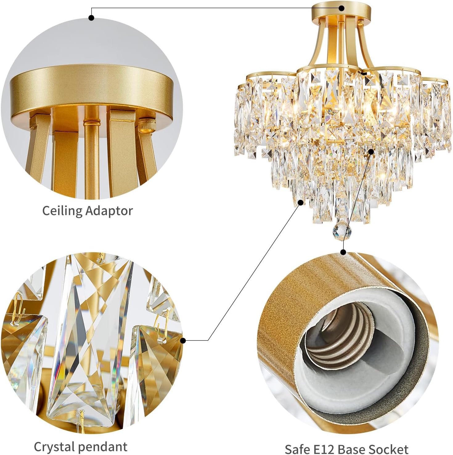 WUZUPS Crystal Chandelier Semi-Flushmount Ceiling Light Modern Lighting Fixture for Bedroom Hallway Entry Kitchen Bathroom, H 19.3' x W 18.3', E12 Base, Gold