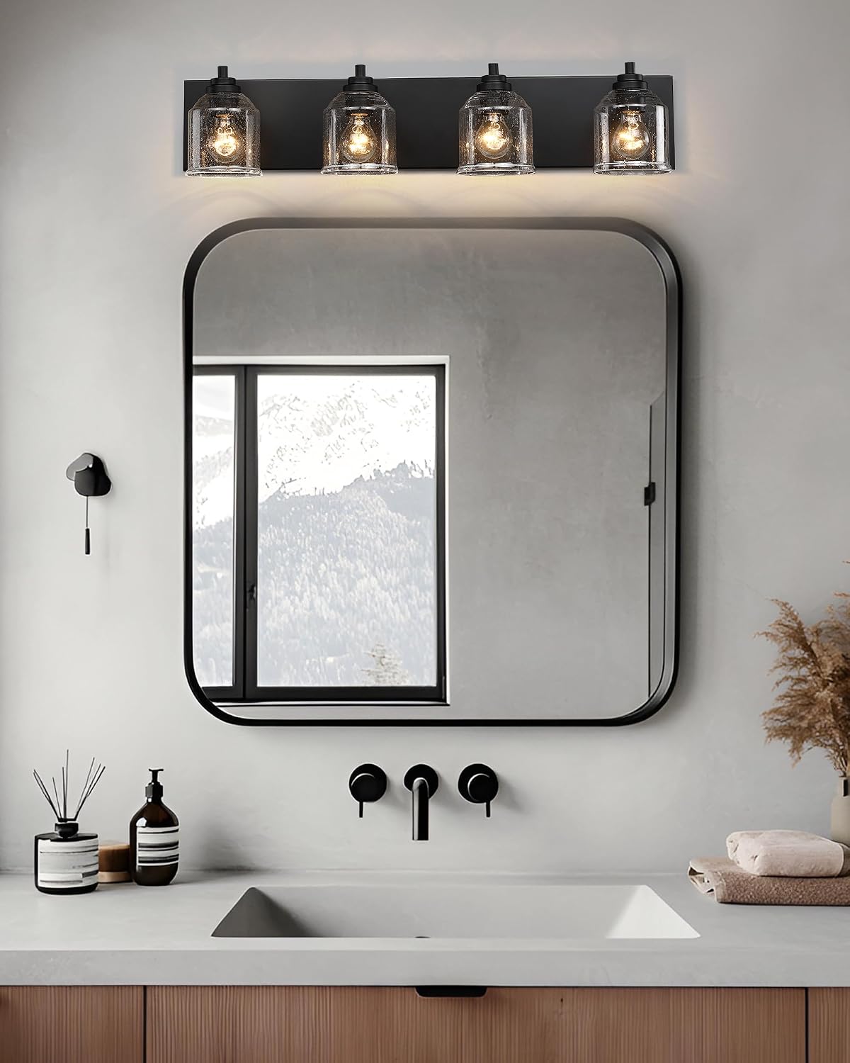 Vanity Lights for Bathroom Large 31.5', Farmhouse Rustic Vanity Light with Bubble Glass Shades, Black 4 Light Bathroom Lighting Fixtures Over Mirror, Bath Wall Sconce Home Decor