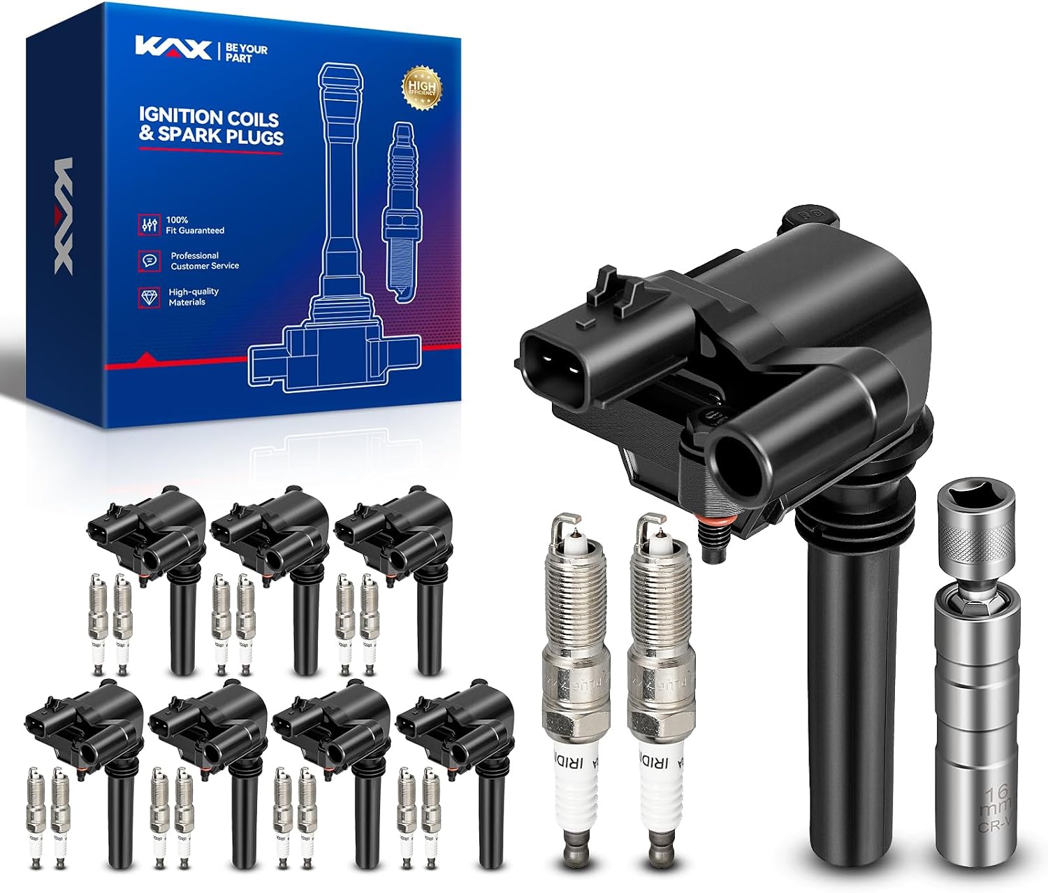 KAX 8Pcs Ignition Coils and 16Pcs Spark Plugs Kit w/Tool for Dodge Ram 1500 2500 3500 2003-2005, Durango 2004-2005, Chrysler 300 2005, Grand Cherokee 2005, Magnum 2005, 5.7L Replace# UF378, 5306