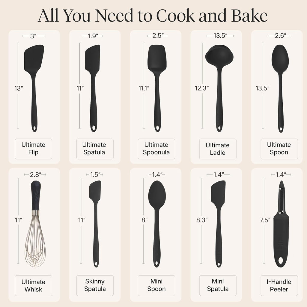 GIR: Get It Right 10-Piece Cooking Utensils Set - Black Silicone - Spatula Set, Silicone Spatulas & Kitchen Spoons - Heat-Resistant up to 425°F - Nonstick Cookware-Friendly - Dishwasher-Friendly