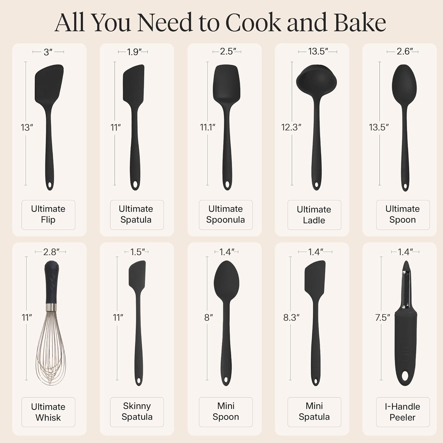 GIR: Get It Right 10-Piece Cooking Utensils Set - Black Silicone - Spatula Set, Silicone Spatulas & Kitchen Spoons - Heat-Resistant up to 425°F - Nonstick Cookware-Friendly - Dishwasher-Friendly