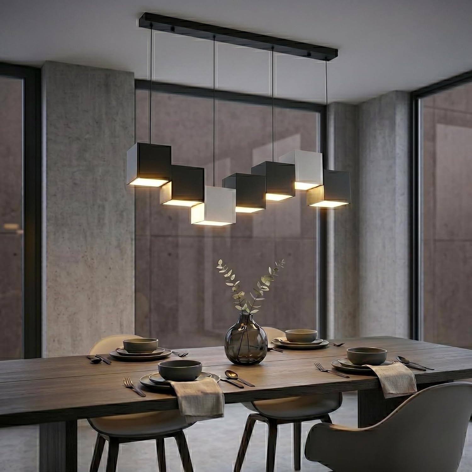 Morden Black and White Chandeliers for Dining Room Linear Chandelier Industrial Kitchen Island Lighting Square Ceiling Hanging Pendant Light for Living Room Bar CounterAbove Tea Room(7 Head)