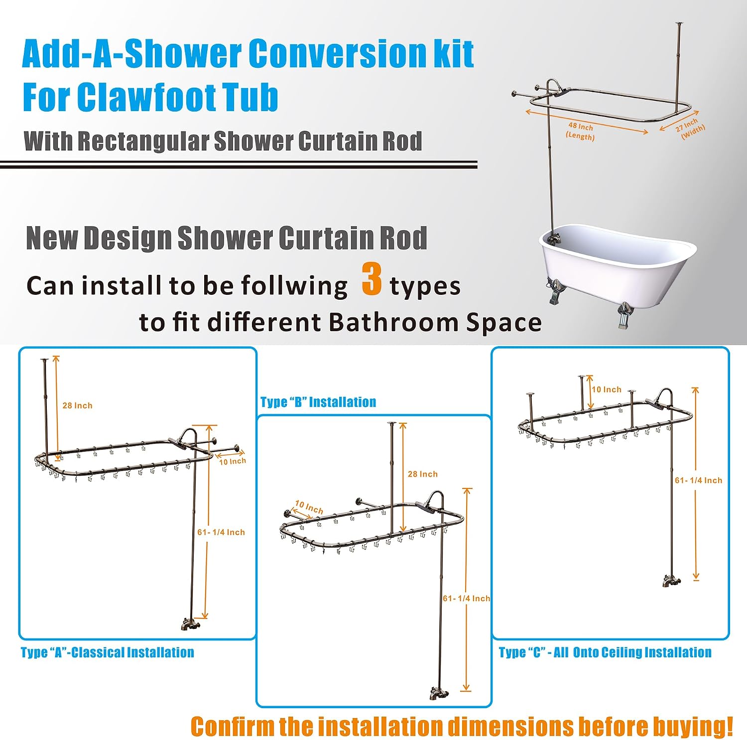 Clawfoot Tub Shower Kit, Add On Shower Units With Bathcock Diverter Faucet and 48' X 27' Rectangular Claw foot Tub Shower Curtain Rod Kit,Claw foot Tub Shower Faucet Set,Brushed Nickel