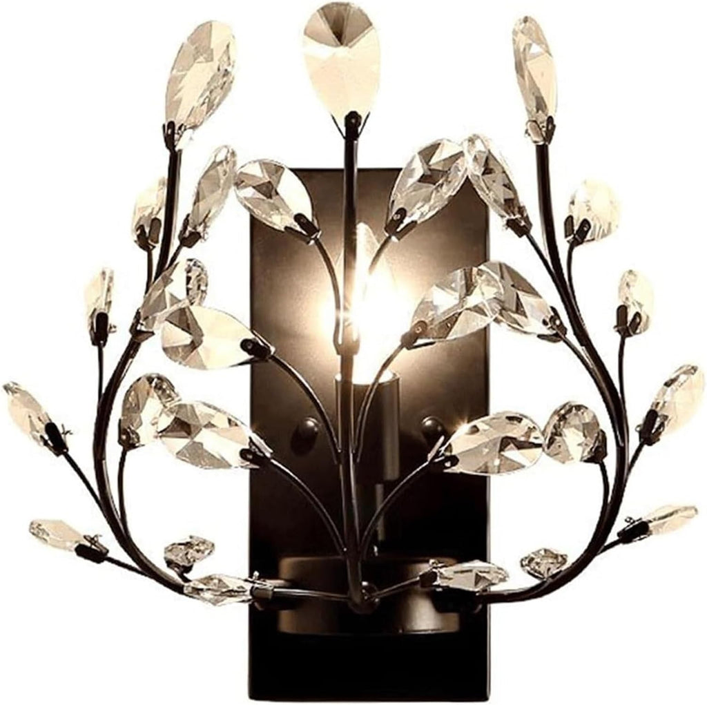 E14/E12 Creative Retro Crystal Wall Sconce with Wrought Iron Crystal Branch Design, Wall Mounted Lighting Fixture for Dining Room, Bathroom, Bedroom, Living Room, Entryway(Black)