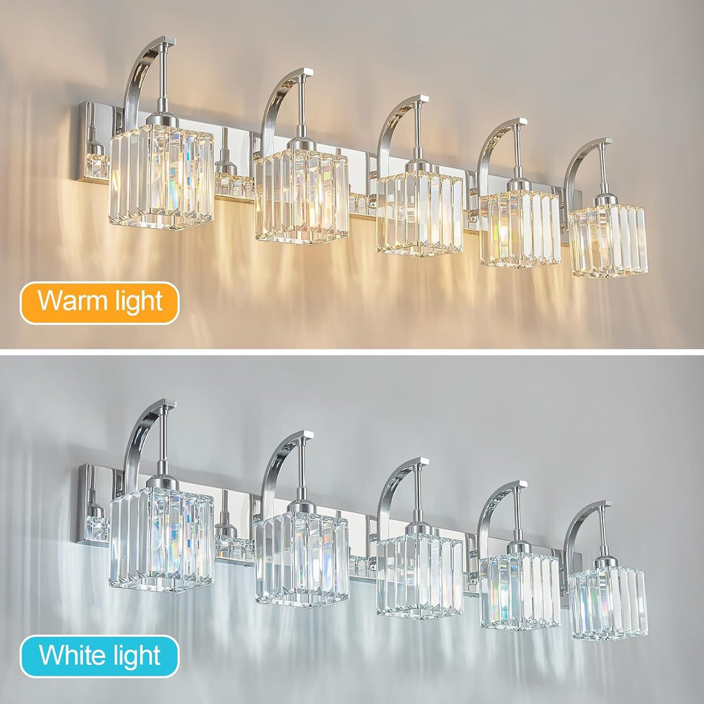 Crystal Vanity Lights 5-Light Chrome Bathroom Vanity Lights Modern Crystal Bathroom Light Fixtures Over Mirror 42.51' Long Vanity Light for Bathroom