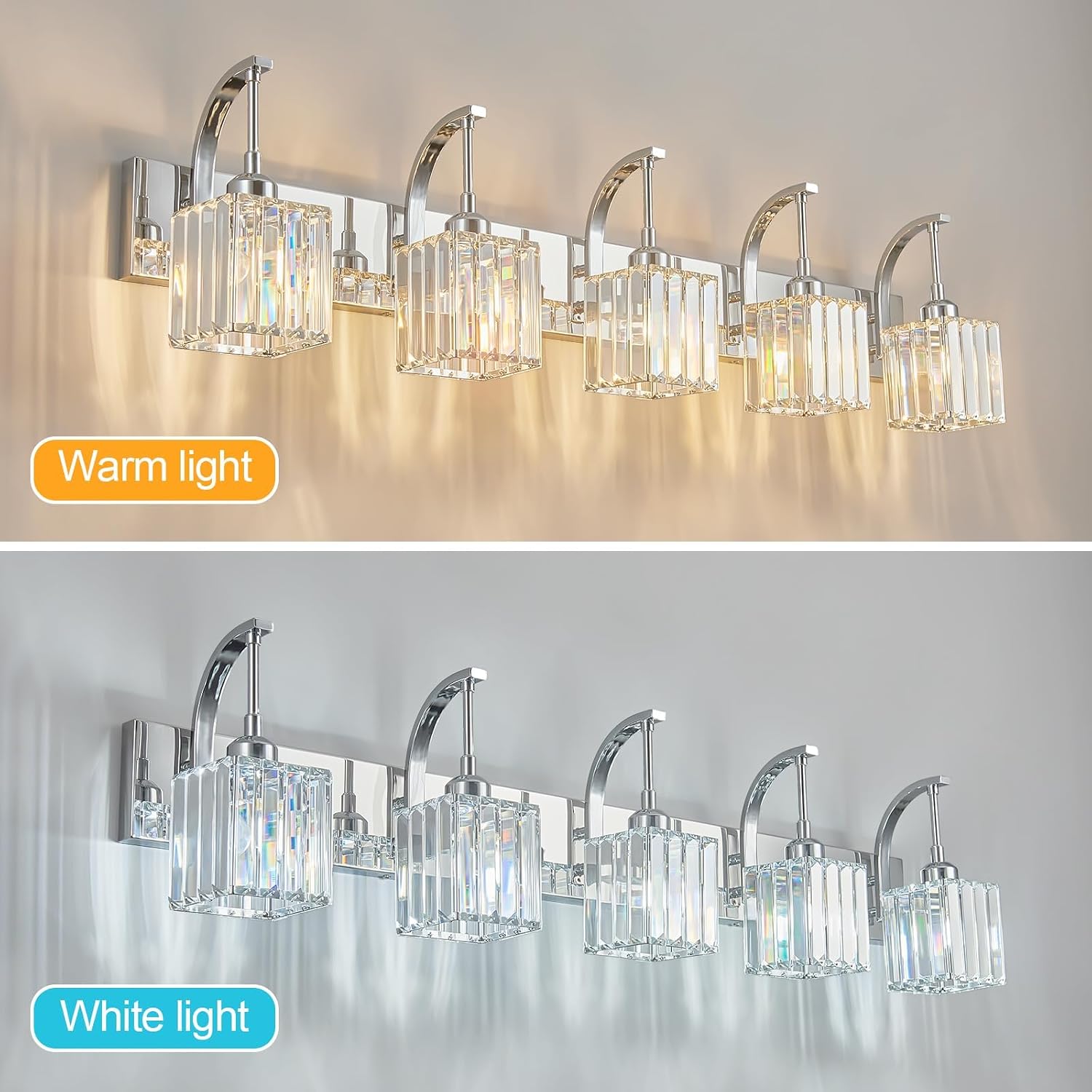 Crystal Vanity Lights 5-Light Chrome Bathroom Vanity Lights Modern Crystal Bathroom Light Fixtures Over Mirror 42.51' Long Vanity Light for Bathroom