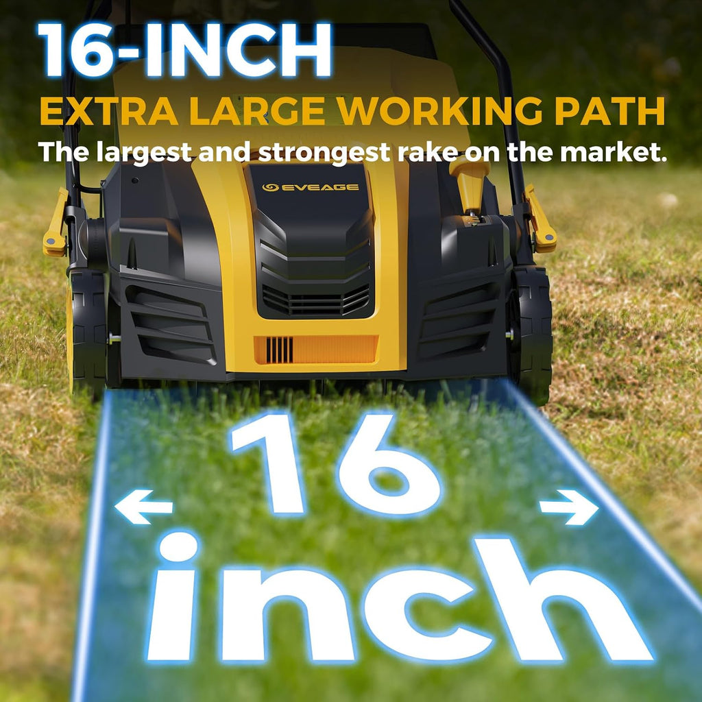 EVEAGE 16 Inch 2-in-1 Electric Dethatcher and Scarifier 5-Position Depth Adjustment,Lawn Dethatcher with 15 Amp Copper Motor, Removeable 14.5-Gal Collection Large Capacity Bag,Quick-Fold,Yellow