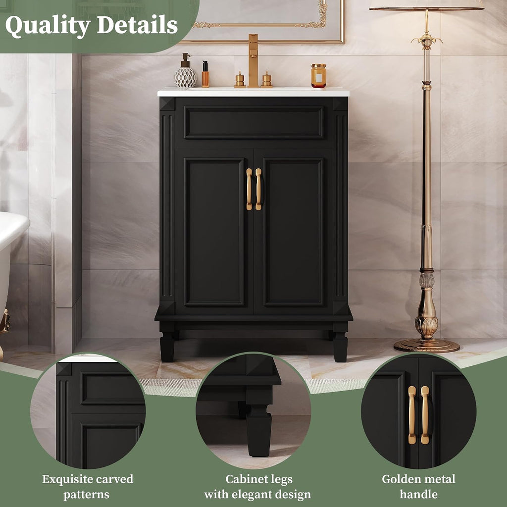24-inch Bathroom Vanity with Sink Combo, Free-Standing Single Bathroom Storage Cabinet with 2 Soft-Closing Doors and Adjustable Shelf, Wooden Vanity Set with Ceramic Basin for Bathroom (Black)