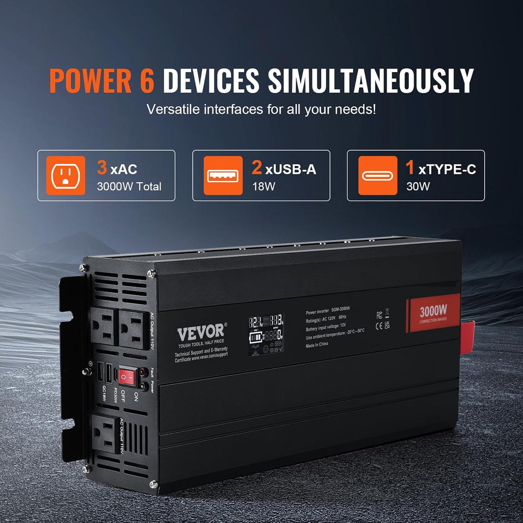 VEVOR Modified Sine Wave Inverter, 3000Watt, DC 12V to AC 120V LCD Display Power Inverter with 3 AC Outlets 2 USB Port 1 Type-C Port 10 Spare Fuses, for Large Household Equipment, CE FCC Certified