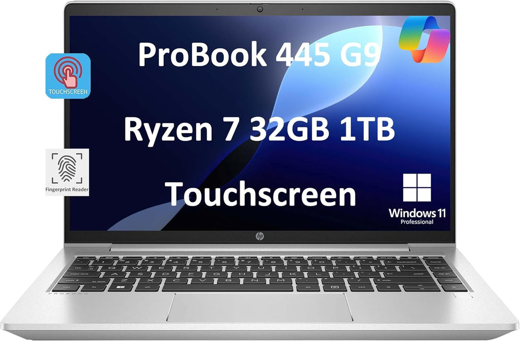 HP ProBook 445 G9 Business Laptop (14' FHD Touchscreen, AMD Ryzen 7 5825U, 32GB RAM, 1TB SSD, 8-Core (Beats i7-1165G7)) Fingerprint Reader, Webcam, Ethernet, Wolf Pro Security, Win 11 Pro, Silver
