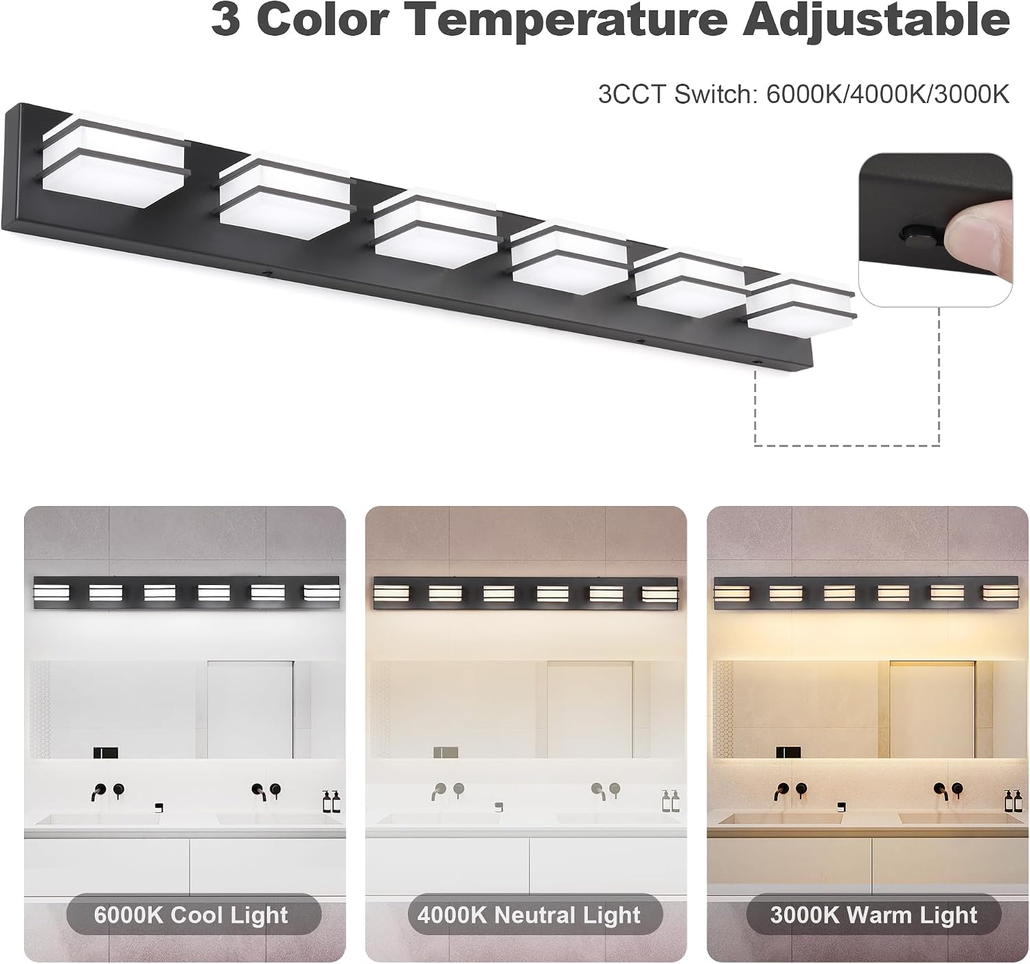 GOODATE 3 Color Temperature Dimmable Vanity Lights for Bathroom, Black 6 Light Vanity Light Fixtures, Acrylic Stainless Steel Square Shade Light Fixtures for Bathroom Above Mirror, ETL Certificated