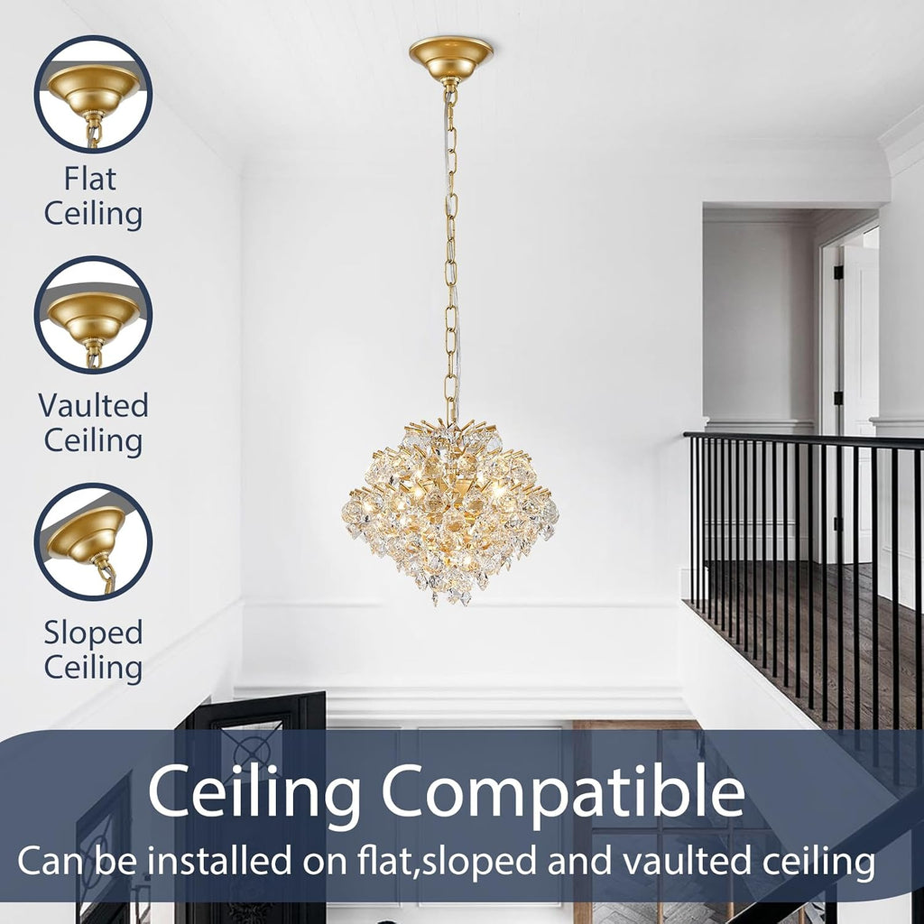 Bestier Gold Modern Pendant Chandelier Crystal Raindrop Lighting Ceiling Light Fixture Lamp for Dining Room Bathroom Bedroom Livingroom 4 G9 Bulbs Required D11 in x H12 in
