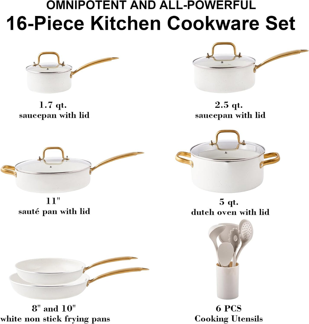 Pots and Pans Set - VONIKI Nonstick Granite Cookware Set, Gold Kitchen Cookware Sets, Non Toxic Cooking Pot Set, PFOA Free, Oven & Dishwasher Safe - Ideal Gift for Home Chefs
