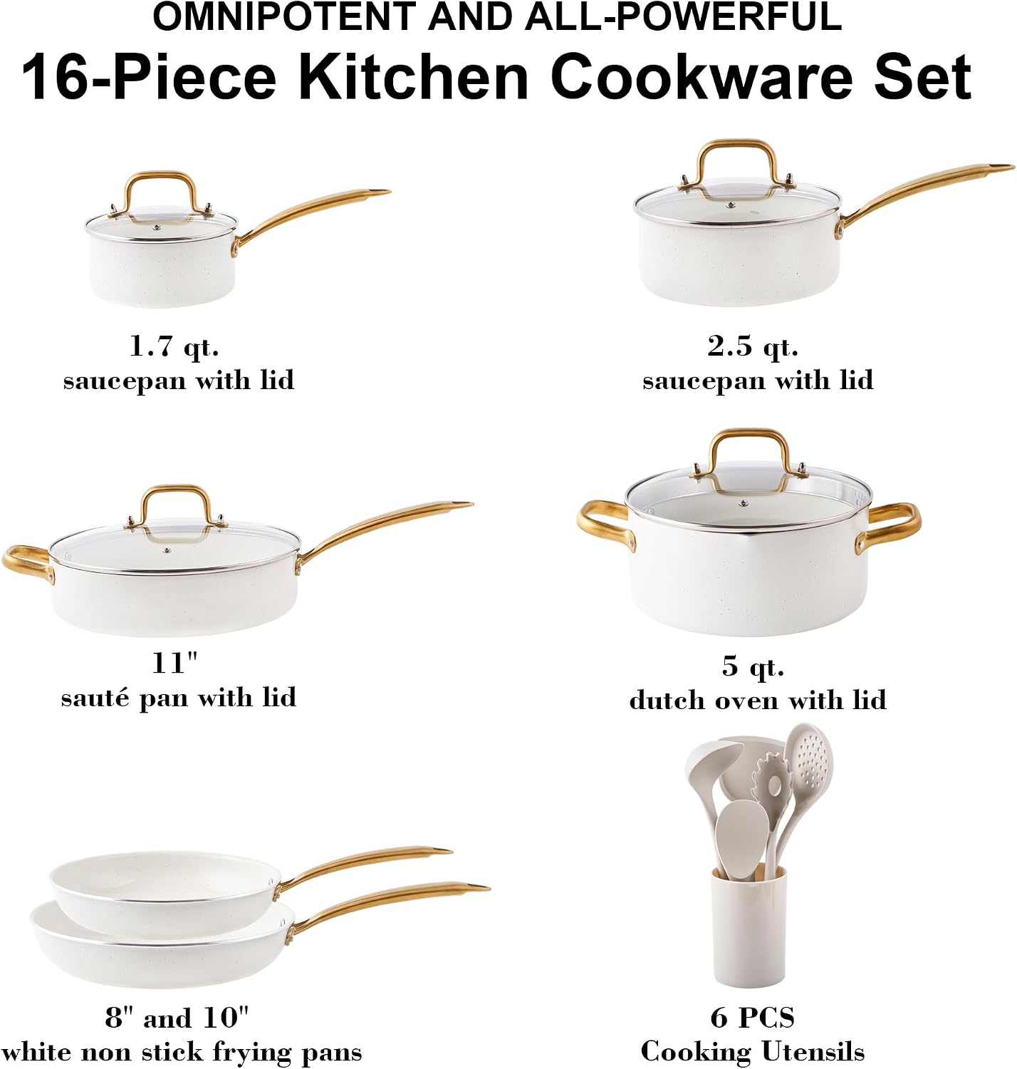 Pots and Pans Set - VONIKI Nonstick Granite Cookware Set, Gold Kitchen Cookware Sets, Non Toxic Cooking Pot Set, PFOA Free, Oven & Dishwasher Safe - Ideal Gift for Home Chefs