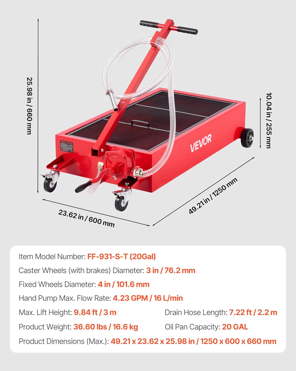 VEVOR Low Profile Oil Drain Pan, 20 Gallon Capacity, Rolling Oil Drain Pan with Manual Pump, 7.2 ft Hose & T Folding Handle, Leak-Proof & Corrosion-Resistant, Fit for Cars, SUVs, Trucks, ATVs, Red