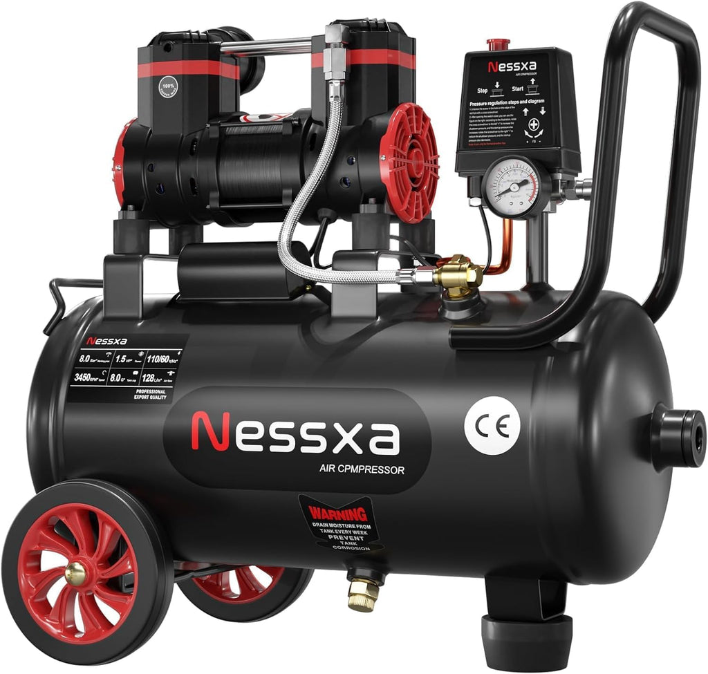 Ultra Quiet Air Compressor 8 Gallon, 1.5HP 4.52 CFM Max 115 PSI Pressure Oil-Free Steel Tank, Air Compressor with 2 Quick Couplers for Auto Repair, Tire Inflation, Spray Painting, Woodwork Nailing