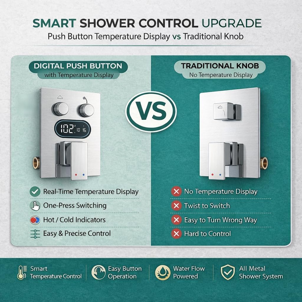 Push Button Diverter Shower Faucet Set Hydro Power Temperature Display, Shower System 10 Inch Shower Head with Handheld Spray, Wall Mounted Shower Fixtures with Valve and Trim Kit, Polished Chrome