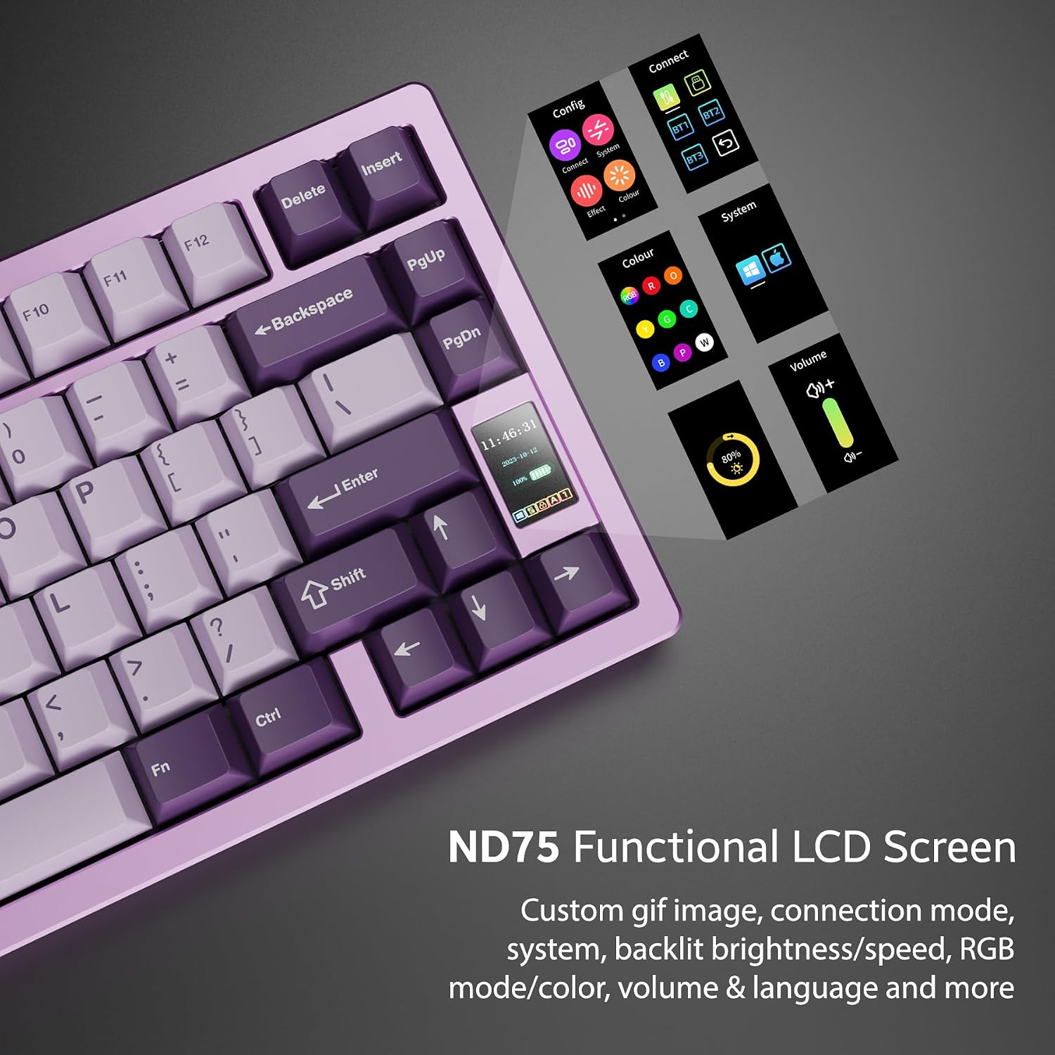 Chilkey ND75 Aluminum Keyboard 75% Percent Wireless Gaming Mechanical Keyboard with LCD Screen, Quick Assembly, BT/2.4G/USB-C, Hot Swappable Per-Key RGB Custom Purple Key Board for Laptop Office PC