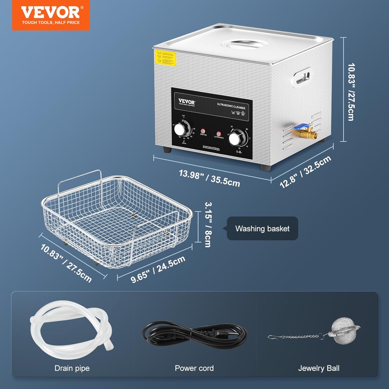 VEVOR 15L Sonic Cleaner with Heater Timer & Basket, Professional Digital Sonic Cavitation Machine, 360W Cleaning Machine for Lab Tools, Metal Parts, Carburetor, Brass, Auto Parts, Engine Parts