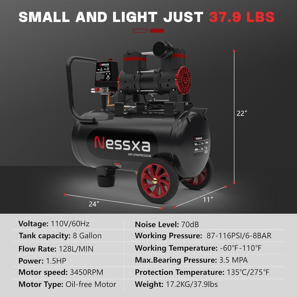 Ultra Quiet Air Compressor 8 Gallon, 1.5HP 4.52 CFM Max 115 PSI Pressure Oil-Free Steel Tank, Air Compressor with 2 Quick Couplers for Auto Repair, Tire Inflation, Spray Painting, Woodwork Nailing