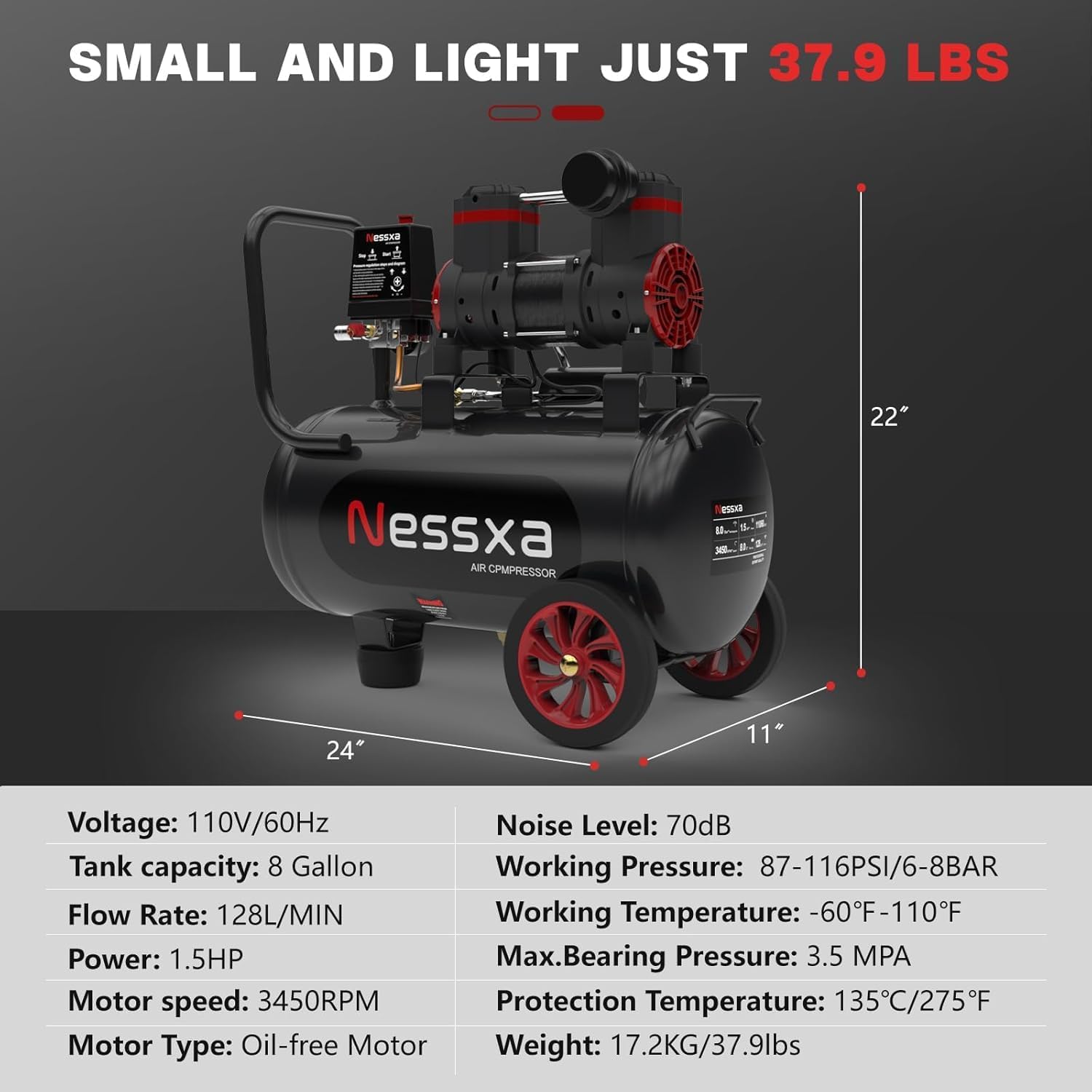 Ultra Quiet Air Compressor 8 Gallon, 1.5HP 4.52 CFM Max 115 PSI Pressure Oil-Free Steel Tank, Air Compressor with 2 Quick Couplers for Auto Repair, Tire Inflation, Spray Painting, Woodwork Nailing
