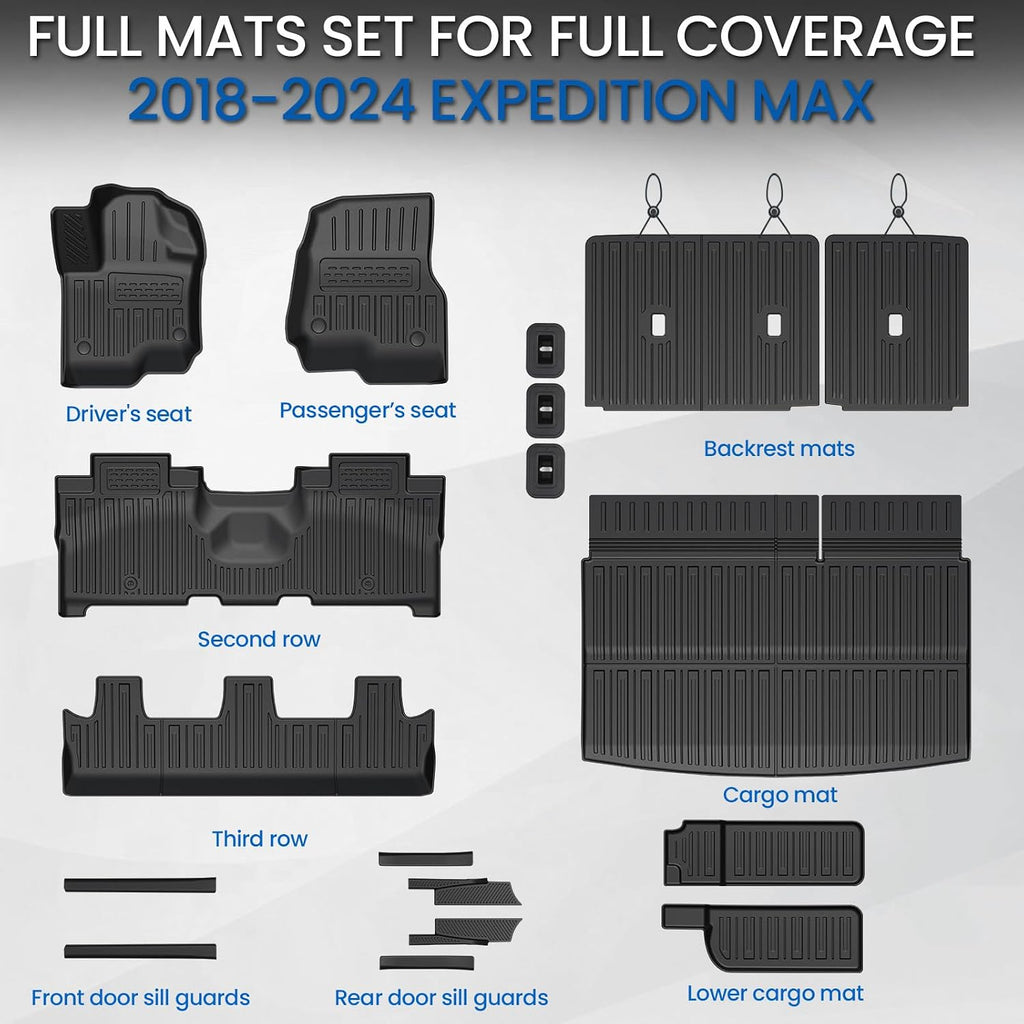 Floor Mats Cargo Mat Set for 2018-2024 Ford Expedition Max 8 Seats Bench Seat, Extra Sub-Trunk Mat and Door Sill Guards, All Weather TPE Cargo Liner Trunk Lower Mat Accessories