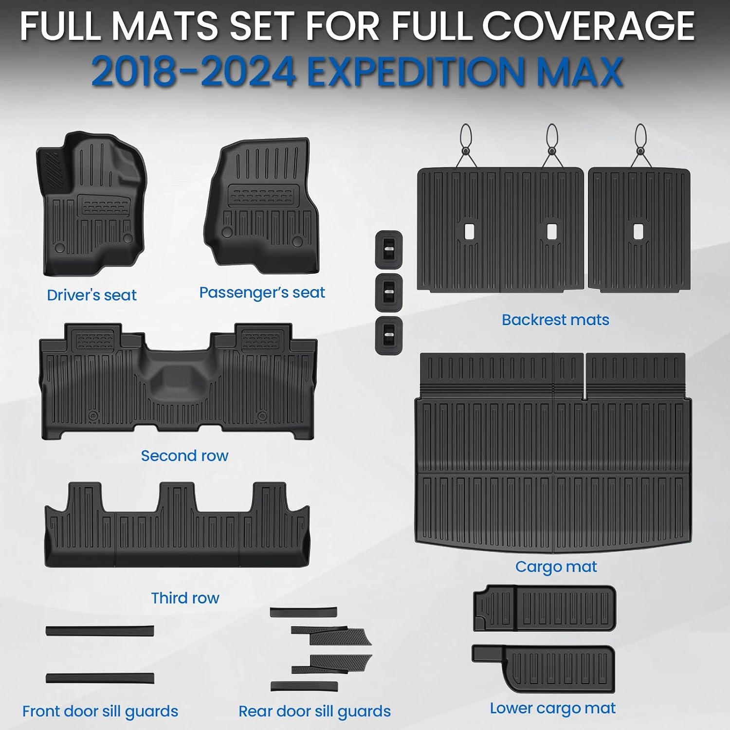 Floor Mats Cargo Mat Set for 2018-2024 Ford Expedition Max 8 Seats Bench Seat, Extra Sub-Trunk Mat and Door Sill Guards, All Weather TPE Cargo Liner Trunk Lower Mat Accessories