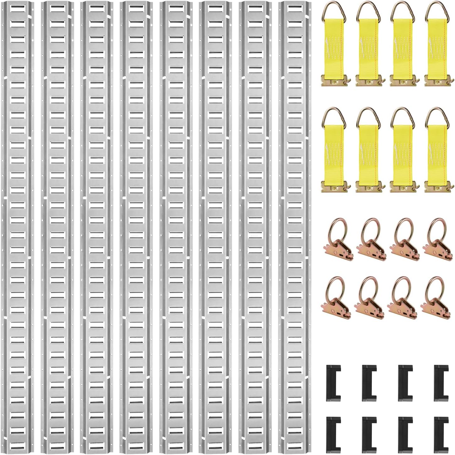 VEVOR E Track Tie-Down Rail Kit, 32PCS 5FT E-Tracks Set Includes 8 Steel Rails & 8 O Rings & 8 Tie-Offs with D-Ring & 8 End Caps, Securing Accessories for Cargo, Motorcycles, and Bikes