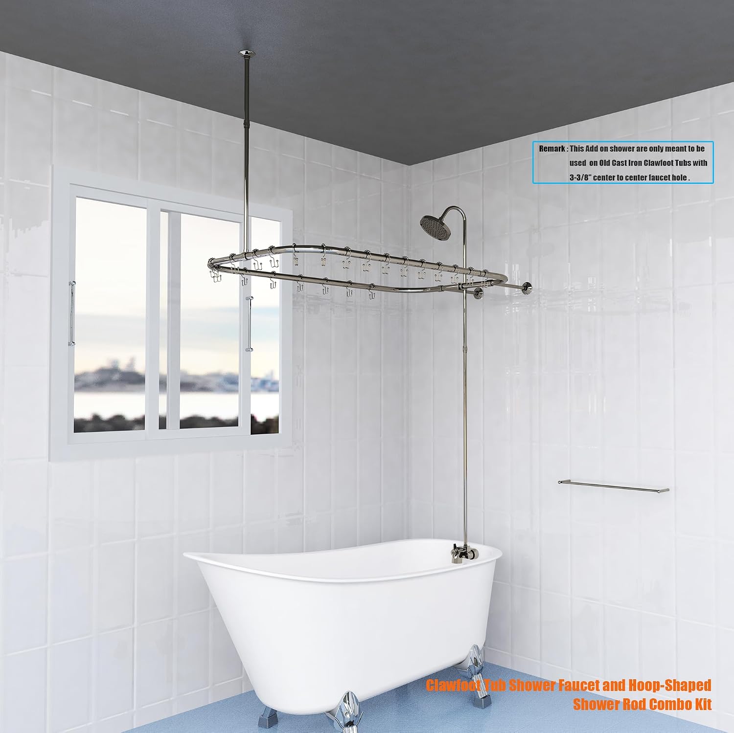 Clawfoot Tub Shower Kit, Add On Shower Units With Bathcock Diverter Faucet and 48' X 27' Rectangular Claw foot Tub Shower Curtain Rod Kit,Claw foot Tub Shower Faucet Set,Brushed Nickel