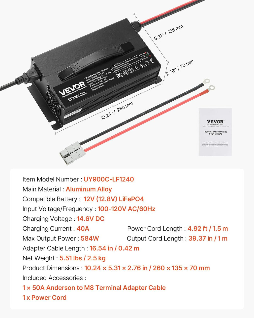 VEVOR 12V 40A Lithium Battery Charger, 14.6V, AC-DC LiFePO4 Smart Charger, with Anderson Connector, LED Indicator, 0V Activation, for Lithium LiFePO4 Deep Cycle Rechargeable Batteries of Boat, RV