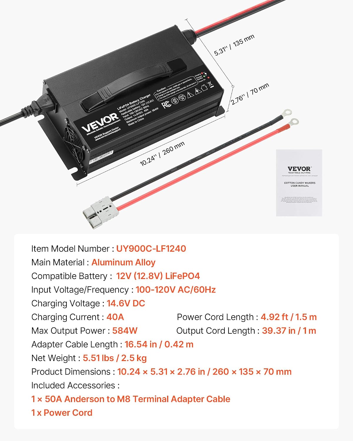 VEVOR 12V 40A Lithium Battery Charger, 14.6V, AC-DC LiFePO4 Smart Charger, with Anderson Connector, LED Indicator, 0V Activation, for Lithium LiFePO4 Deep Cycle Rechargeable Batteries of Boat, RV