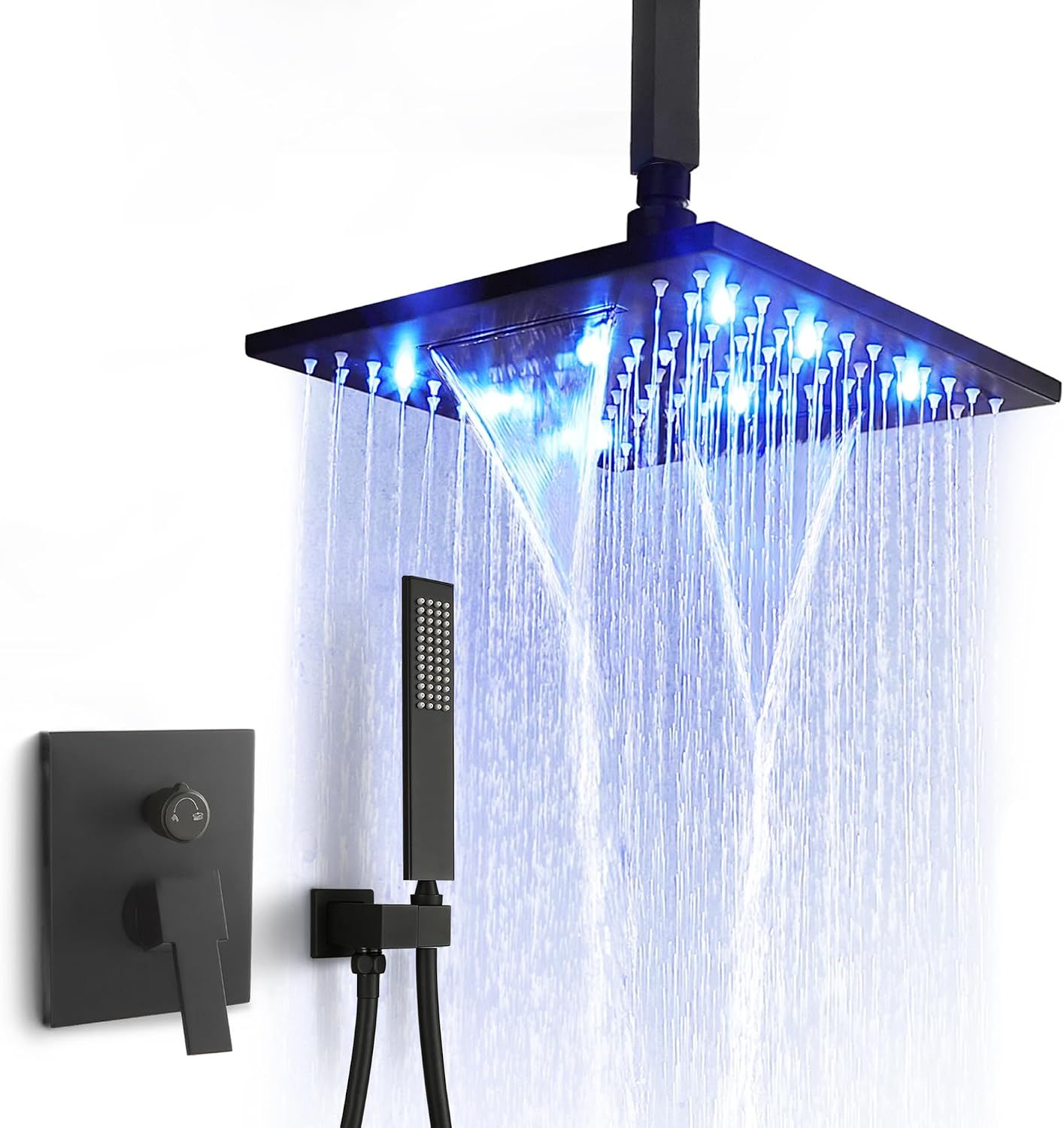 SKOWLL Ceiling Mount Shower System 10 Inch LED Rain Shower Head with Handheld, High Pressure Rainfall Bathroom Shower System Matte Black Shower Faucet Set with Rough in Valve