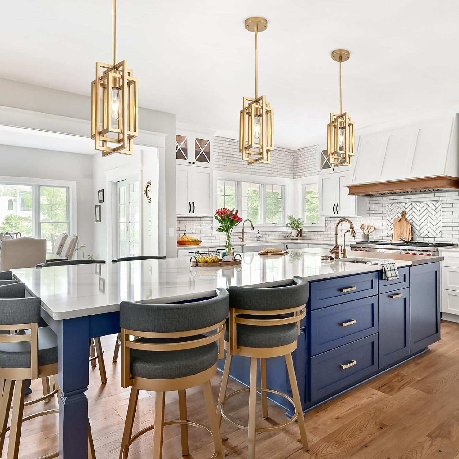 Modern Pendant Light Fixtures 2 Pack 1 Light, Gold Finish Cage Farmhouse Pendant Lights with Max 59'' Adjustable, Small Square Pendant Ceiling Hanging Light for Kitchen Island Dining Room Entryway