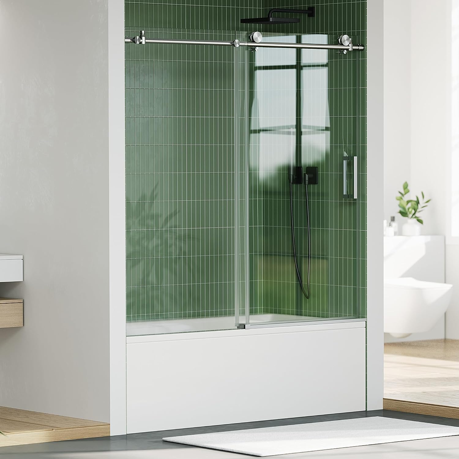 Frameless Bathtub Shower Door, 56–60 inch W x 59 inch H Sliding Tub Door, 6mm Tempered Glass, Stainless Steel Round Rail & 55 Rollers, One Fixed and One Sliding Panel,Brushed Sliver