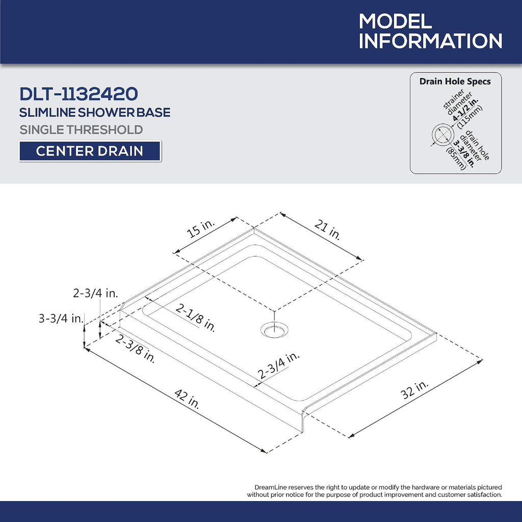 DreamLine SlimLine 32 in. D x 42 in. W x 2 3/4 in. H Center Drain Single Threshold Shower Base in Biscuit, DLT-1132420-22