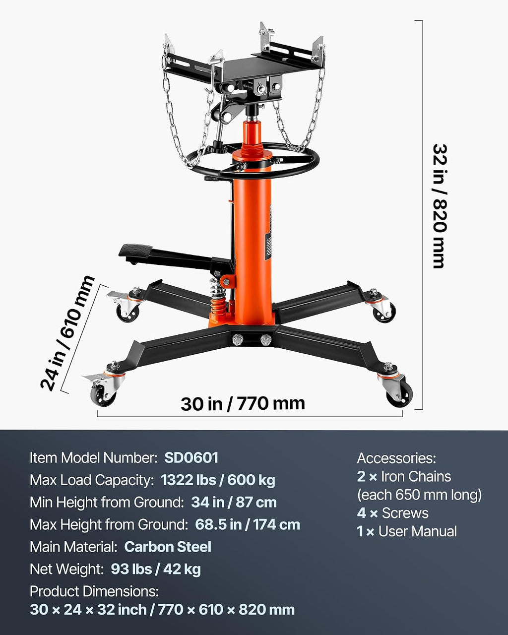 VEVOR Transmission Jack, 1322 LBS Hydraulic Telescoping Transmission Jack, 32'-67' High Lift Transmission Jack Stand with Foot Pedal, 360° Swivel Wheel