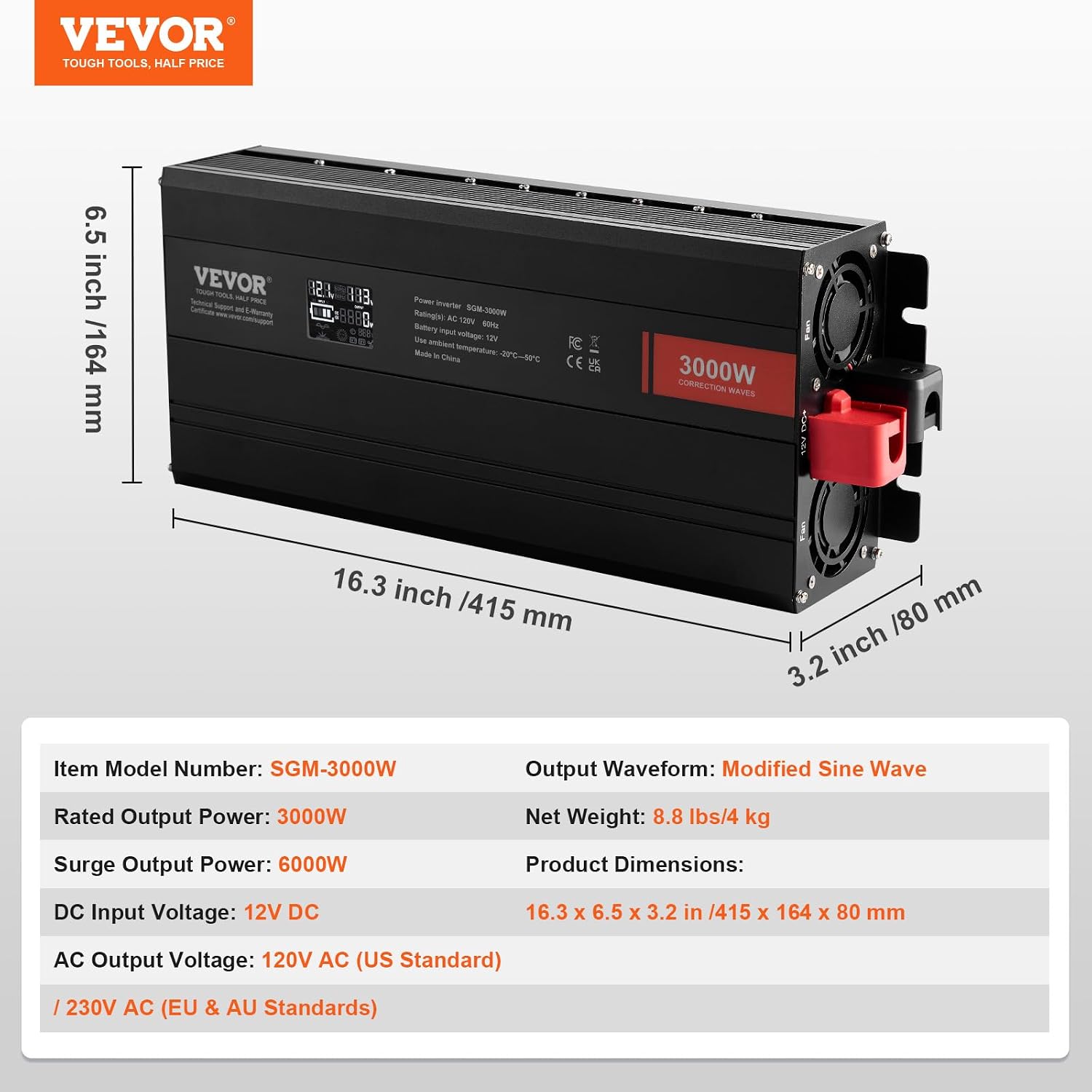 VEVOR Modified Sine Wave Inverter, 3000Watt, DC 12V to AC 120V LCD Display Power Inverter with 3 AC Outlets 2 USB Port 1 Type-C Port 10 Spare Fuses, for Large Household Equipment, CE FCC Certified