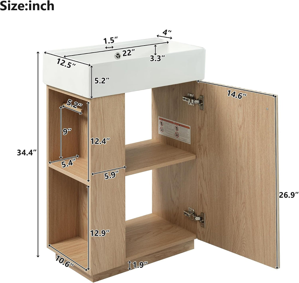 21.6-inch Bathroom Vanity with Reversible Sink, Free-Standing Single Storage Cabinet with One Right Door and Side Open Shelf, Vanity with Ceramic Basin for Bathroom (Dark Grey)