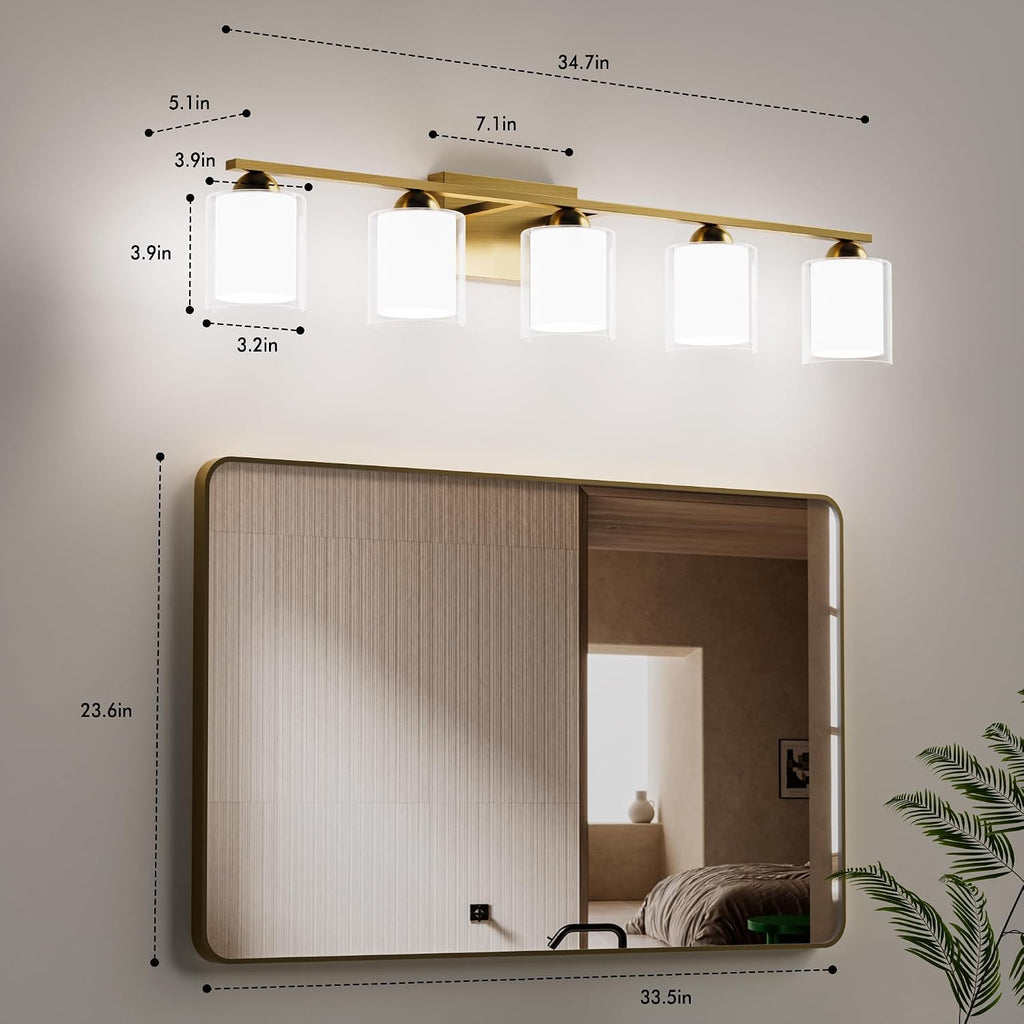 Quntis Gold Bathroom Light Fixtures, 5 Light Modern Vanity Lights Over Mirror, 5 Colors & Stepless Dimmable LED Bathroom Lighting with Milk White Frosted Glass, 33 Inch (Bulbs Included)