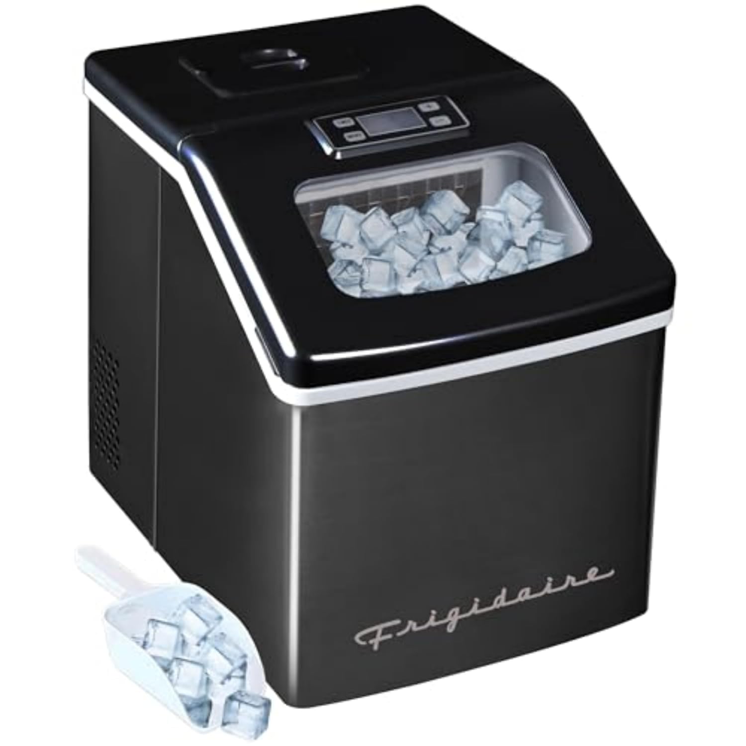 Frigidaire Ice Maker EFIC452, Countertop Stainless Steel Ice Maker with Transparent Window, Clear Ice Cube Maker with 40 lbs. Capacity, Ice Maker Machine – 14.8' D x 11' W x 14.1' H (Black)