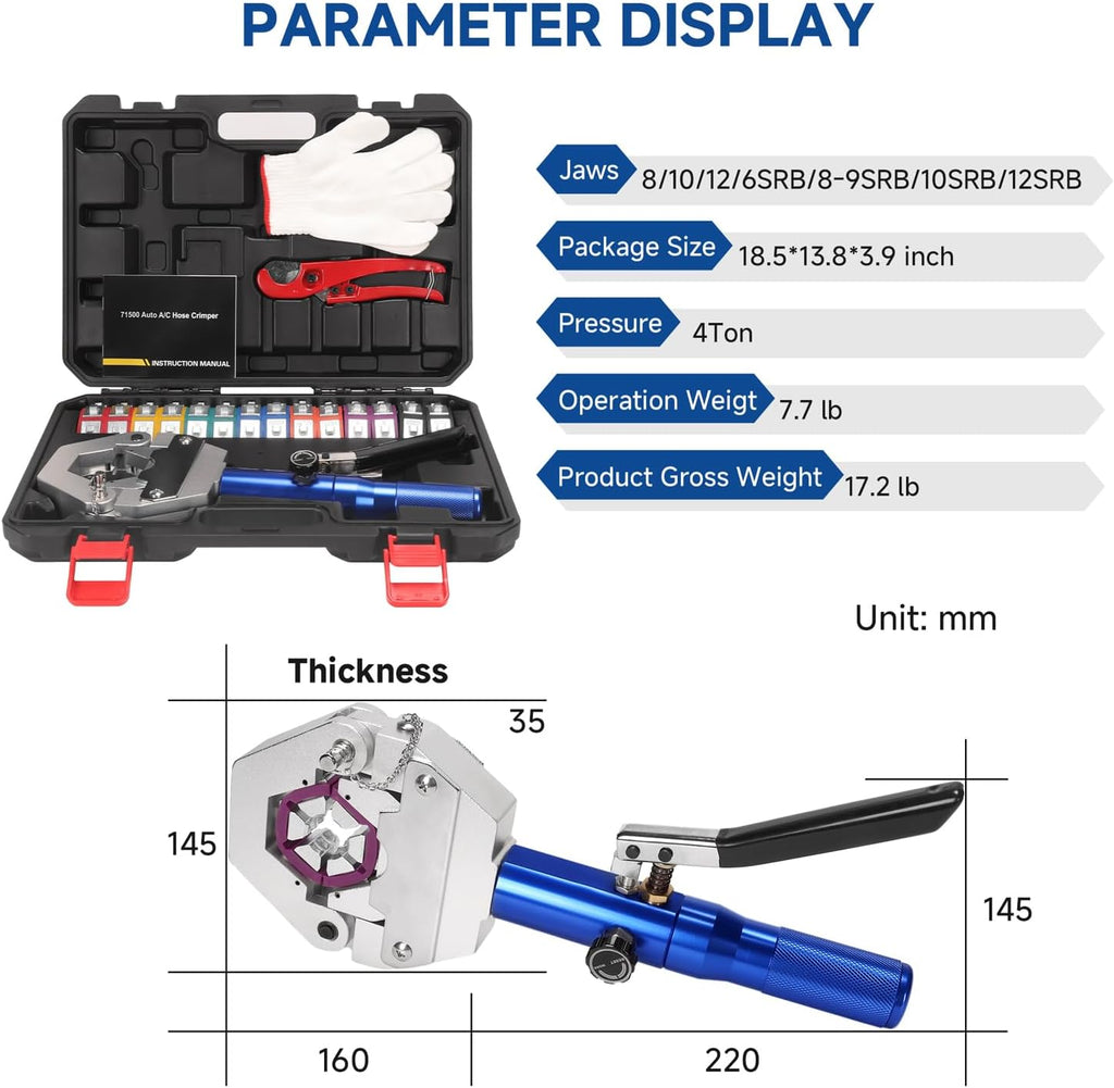 Hydraulic Hose Crimper AC Crimping Tool with Snap-On 7 Dies Manual Handheld Hydra-Krimp for AC Hose, Auto A/C Line, Air Conditioning Repair Tool(71500)
