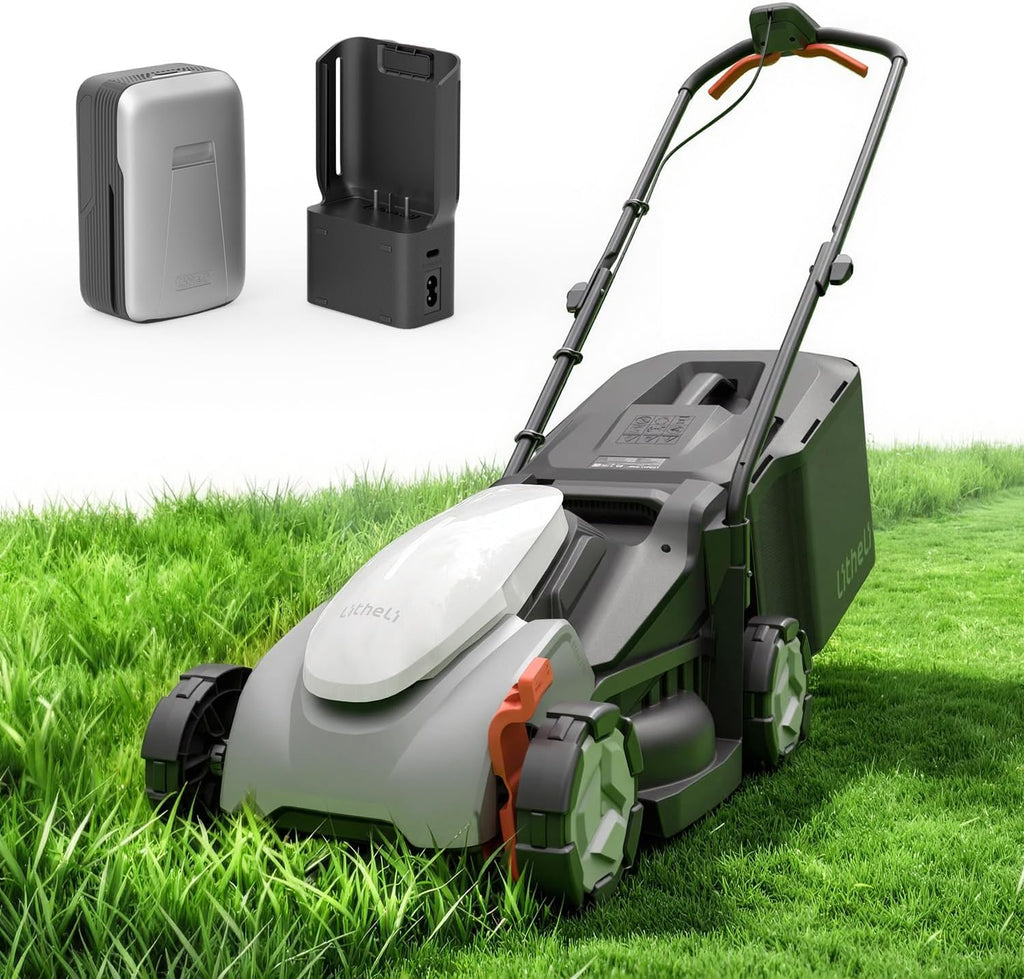 Litheli 14 Inch Cordless Grass Cutter, Ergonomic Lightweight Lawn Mower with Adjustable Handle, 5.0Ah Battery & Charger, Brushless Motor, Cutting Height 1-2.5 in, Easy Push for Older Adults