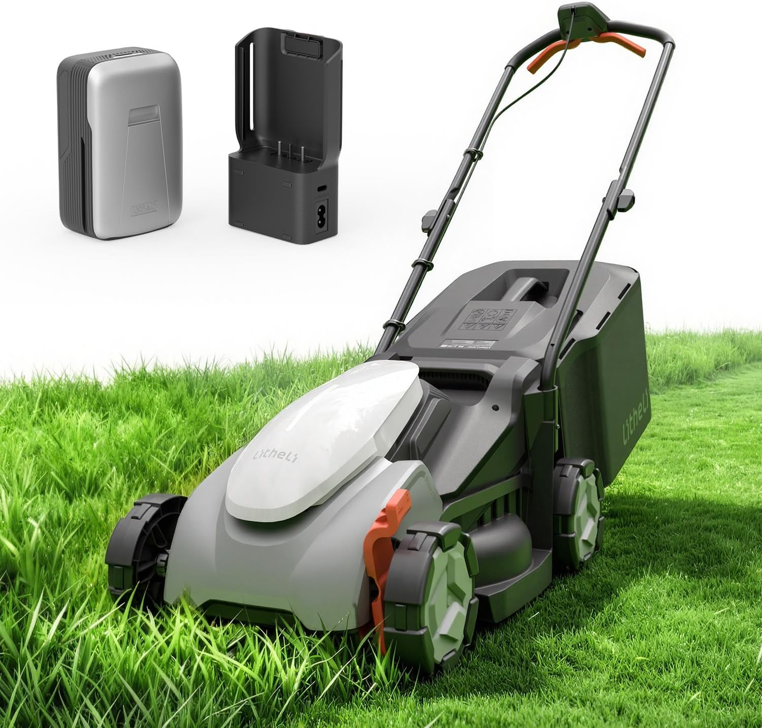 Litheli 14 Inch Cordless Grass Cutter, Ergonomic Lightweight Lawn Mower with Adjustable Handle, 5.0Ah Battery & Charger, Brushless Motor, Cutting Height 1-2.5 in, Easy Push for Older Adults