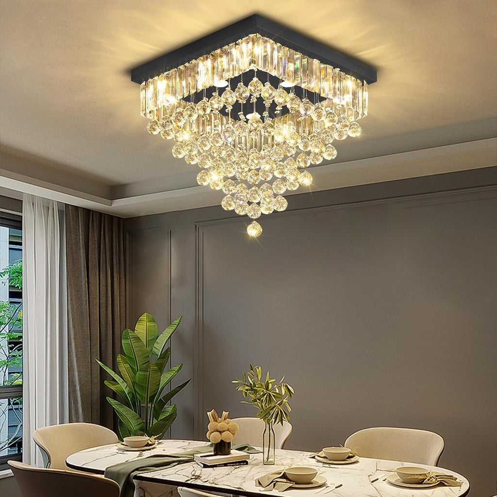 Luxury 20' Square K9 Crystal Flush Mount Chandelier, Modern Black 6-Light LED Ceiling Light, Dimmable Chandeliers Fixture for Dining Room, Living Room, Bedroom, Entryway