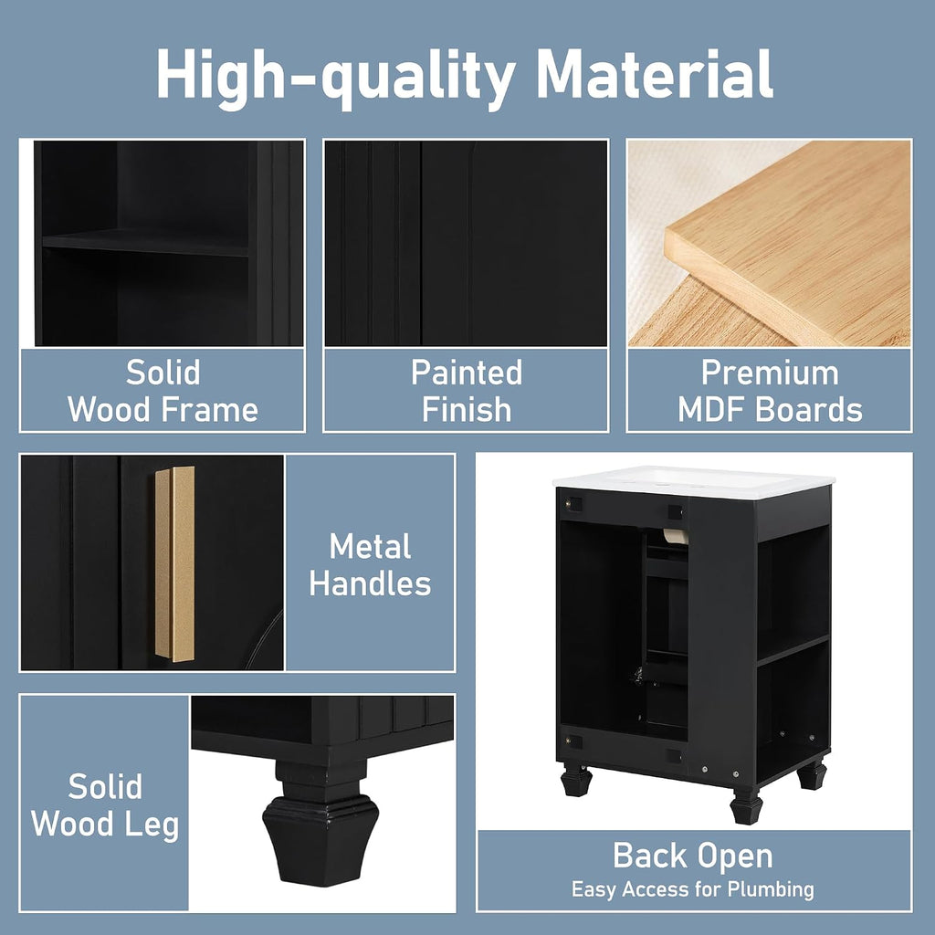 24-inch Bathroom Vanity with Sink Combo, Free-Standing Single Storage Cabinet with Door Shelf, Side Open Storage, and Cabinet, Vanity with Ceramic Basin for Bathroom (Black)