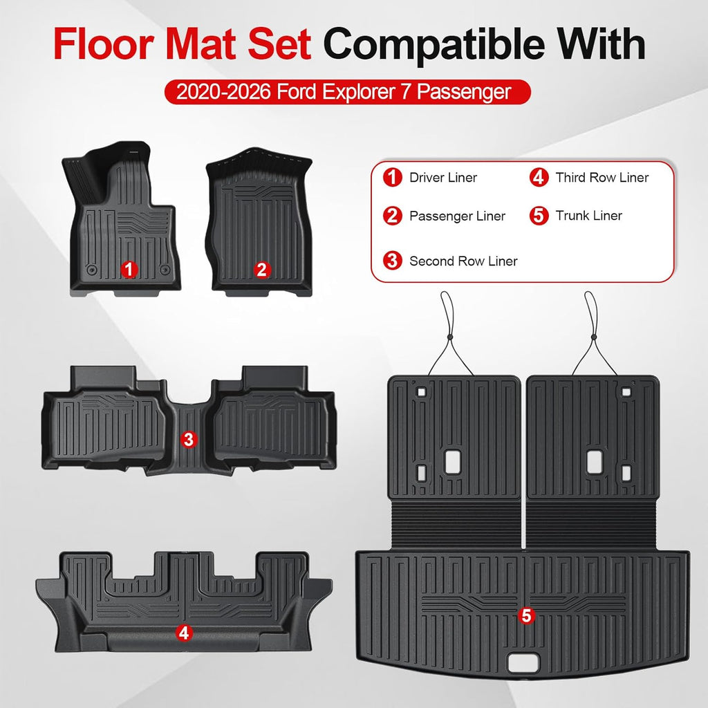 Floor Mats for 2020-2025 2026 Ford Explorer 7 seat Accessories, Cargo Mat with Backrest Mat All Weather TPE Waterproof for Ford Explorer 7 Passenger Bench Seat ST Accessories 2025 2024 2023