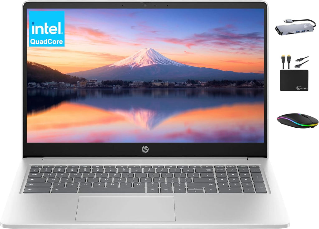 HP Chromebook 2025 Premium Laptop Student Business, 15.6' HD Display, Quad-Core Intel N200 Processor, 8GB RAM, 564GB Storage (64GB eMMC+ 500GB Ext), UHD Graphics, Wi-Fi, Chrome OS +MarxsolAccessory